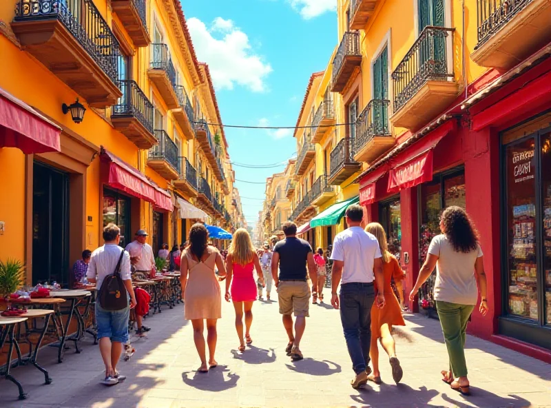 A vibrant street scene in Spain, showing diverse people walking and interacting, symbolizing immigration and cultural richness.