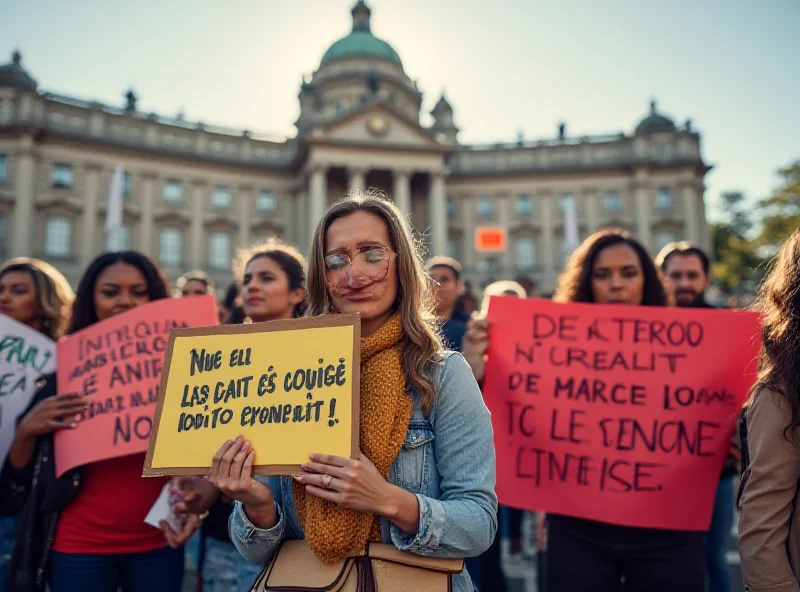 A diverse group of people holding signs in support of gender equality and against violence against women, set against the backdrop of the Spanish Congress building.