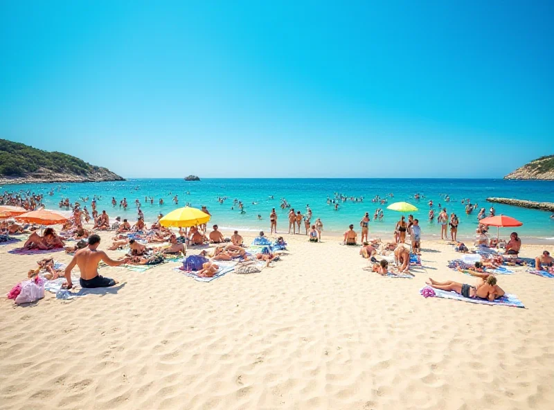 Crowded beach in Ibiza with many tourists, umbrellas and beach towels.