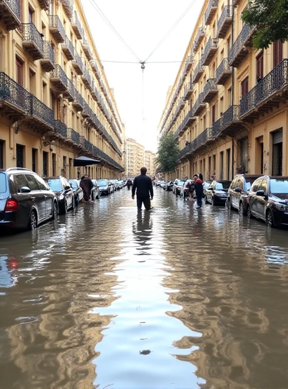 Flooded street in Valencia, Spain with cars partially submerged and people wading through the water.