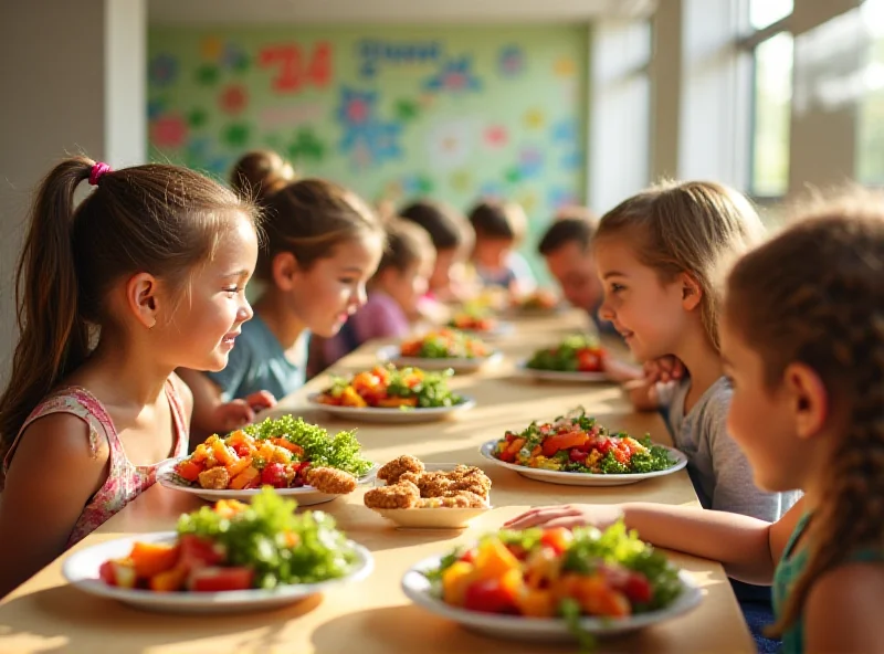 A diverse group of schoolchildren eating lunch in a bright and modern school cafeteria. Some trays feature plant-based options like salads and vegetable skewers.
