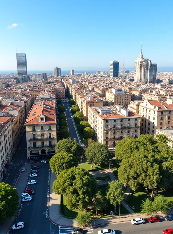 Aerial view of Barcelona, Spain, showcasing a mix of modern buildings, green spaces, and historical architecture under a clear blue sky. The image emphasizes sustainability and urban planning.