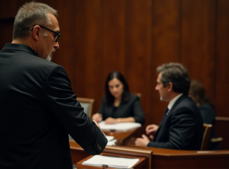 A courtroom scene with a prosecutor standing before a judge, presenting evidence related to a child custody case. The atmosphere is serious and focused, highlighting the gravity of the legal proceedings.