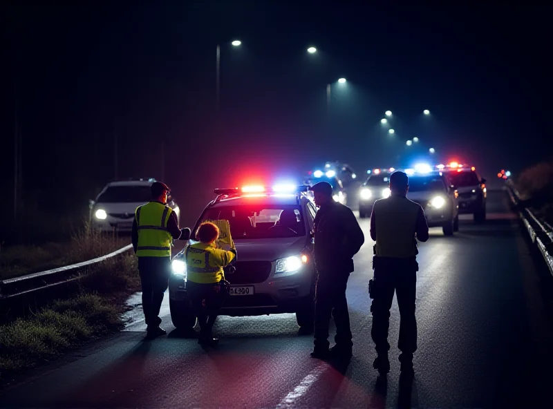 Police officers working at a crime scene at night. A motorway stretches into the background with flashing police lights.