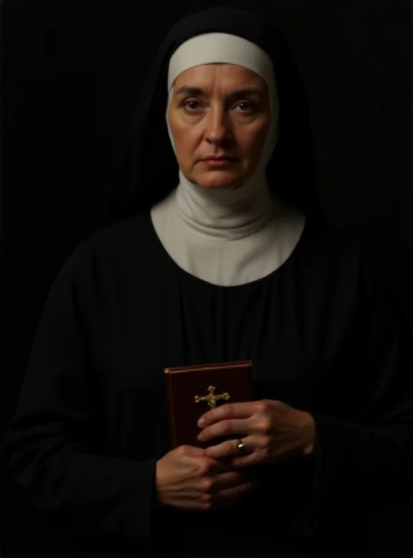 A portrait of a stern-looking nun in her late middle age, holding a book in one hand and a crucifix in the other, painted in a realistic style reminiscent of Velázquez.