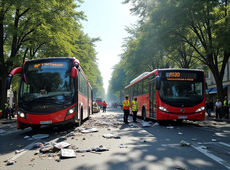 Wreckage of buses after a collision in an urban environment.