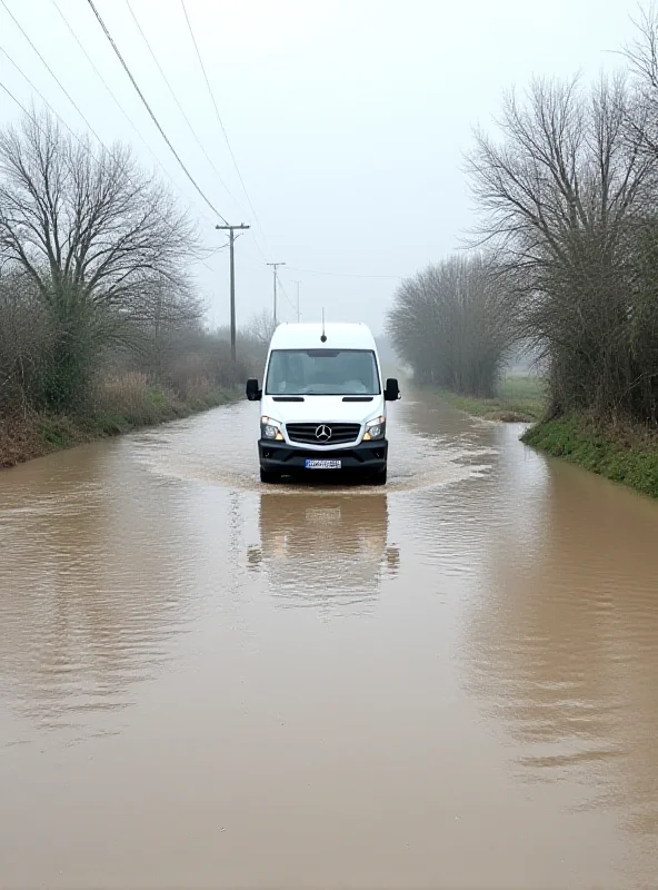 A flooded road with a partially submerged van, indicating the severity of the storm.