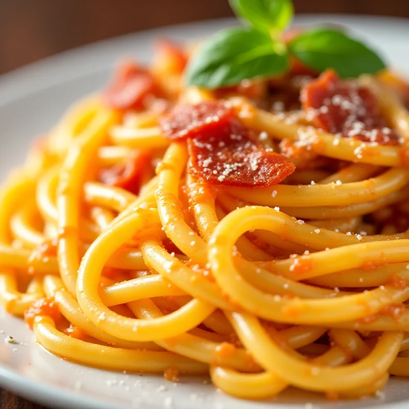 A plate of Spaghetti Carbonata, showcasing a creamy sauce and crispy bacon.