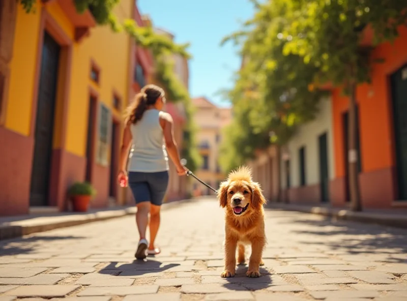 A person walking a golden retriever dog on a sunny street in Spain.
