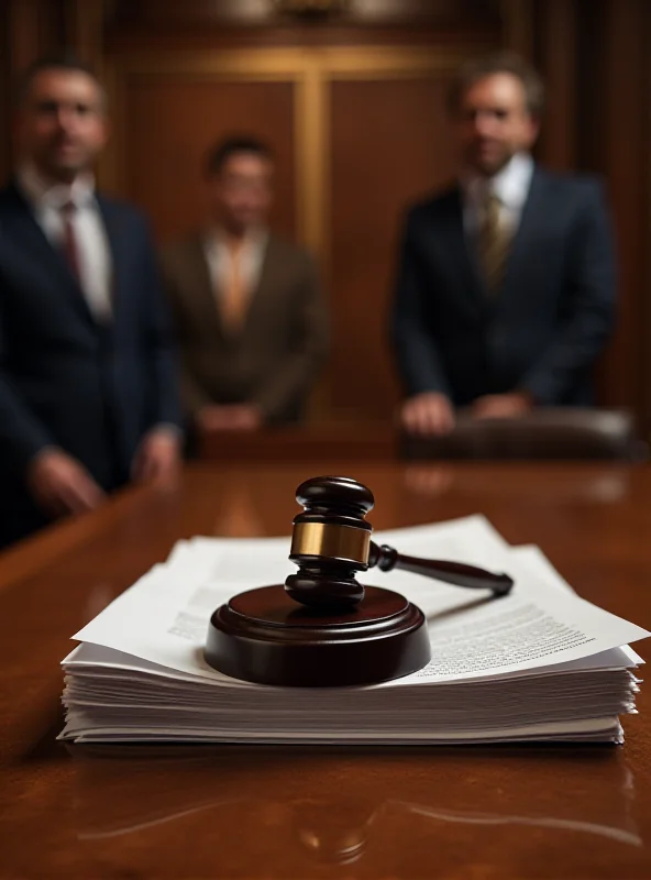 A gavel and legal documents on a wooden table in a courtroom setting.