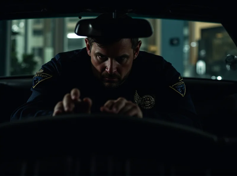A police officer examining a car, focusing on the interior with various tools and equipment.
