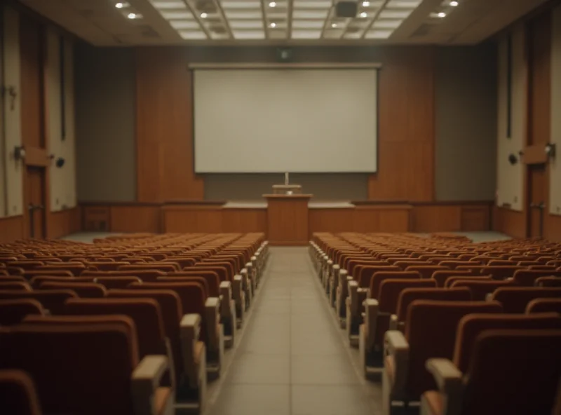 An academic lecture hall with empty seats, implying a suspended lecture.