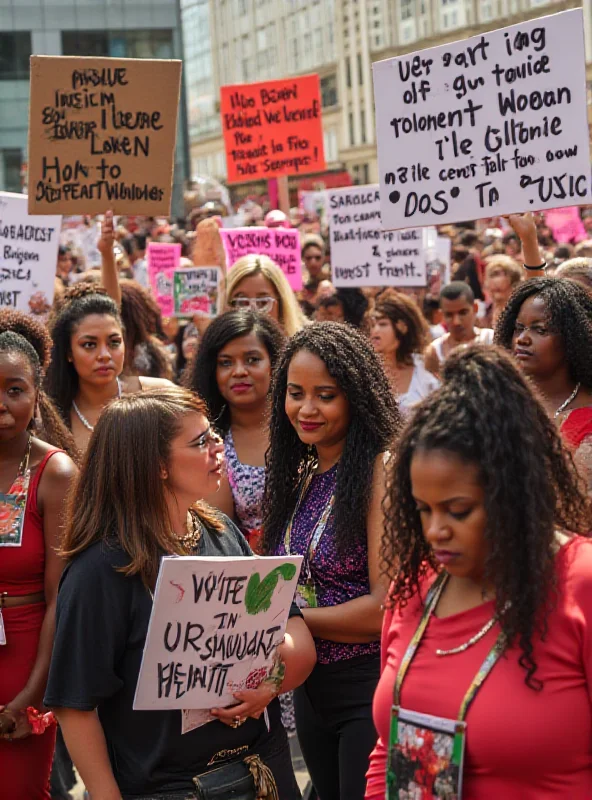 A group of diverse people holding signs advocating for the end of gender violence.
