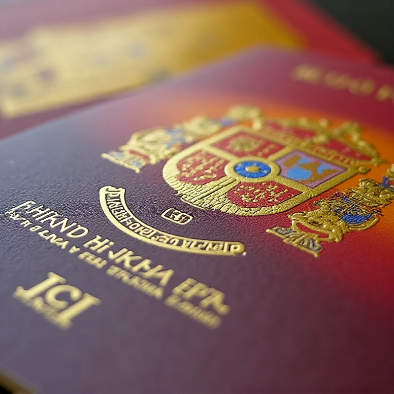 A close-up of a Spanish passport, slightly blurred, with focus on the official seal.