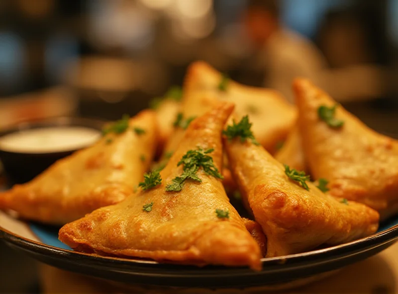 A close-up shot of golden brown samosas on a plate, garnished with fresh cilantro and a side of dipping sauce. The background is slightly blurred, showing a bustling kitchen environment.