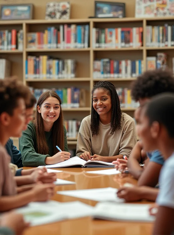 A group of diverse students sitting together at a table in a school library, engaged in a discussion. The atmosphere is friendly and supportive, with books and educational materials visible in the background.
