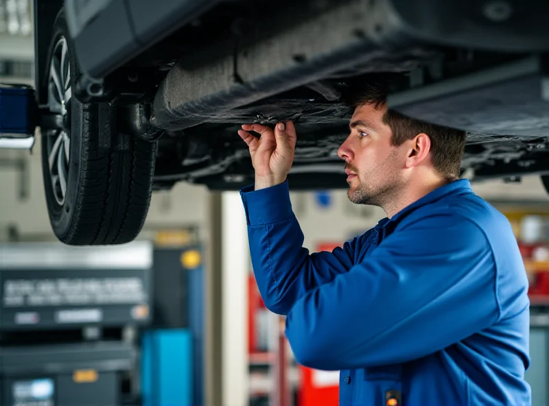A car undergoing an ITV roadworthiness test in Spain. The image shows a mechanic inspecting the vehicle's undercarriage, with various testing equipment visible in the background.