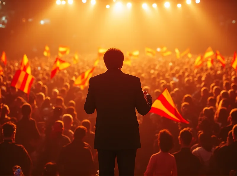 Carles Puigdemont addressing a crowd in Catalonia, waving a Catalan flag.