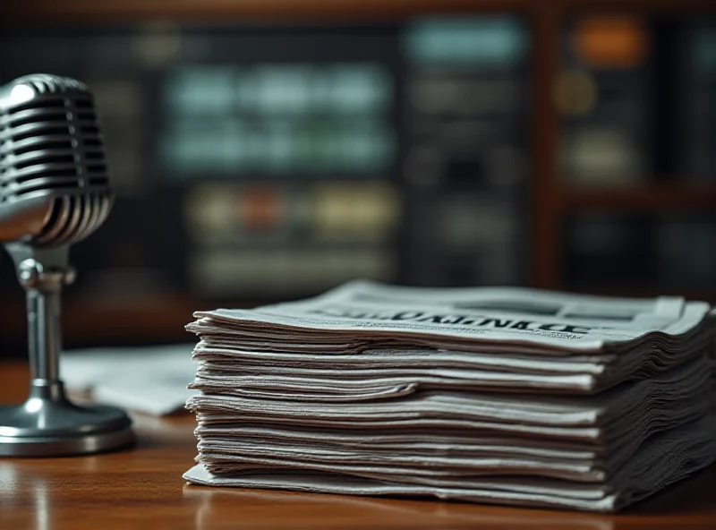 A stack of newspapers and a radio microphone symbolizing the media industry.