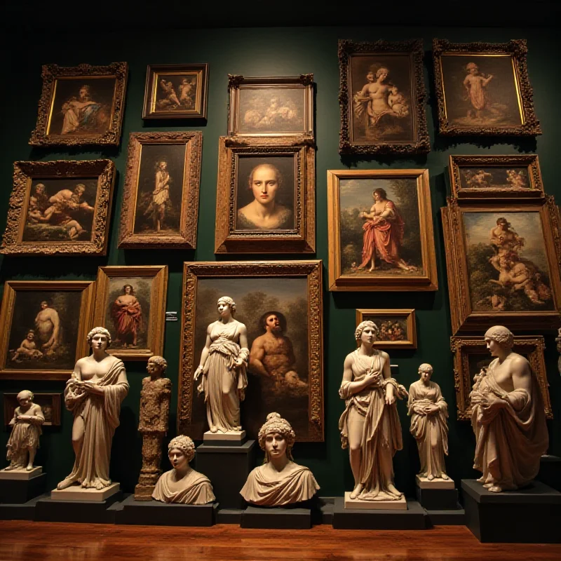 A selection of paintings and sculptures that might be part of an art collection.