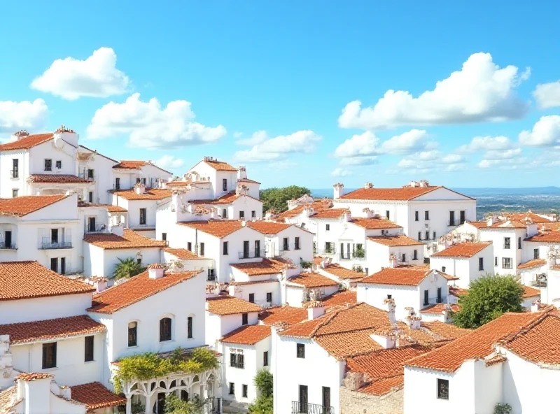 Scenic view of a traditional Andalusian town with white-washed buildings and a vibrant blue sky.