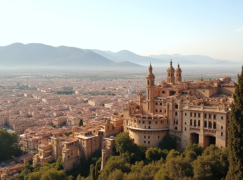 Panoramic view of Jaén, Spain, showcasing the Renaissance architecture and the Parador de Jaén perched atop the hill of Santa Catalina.