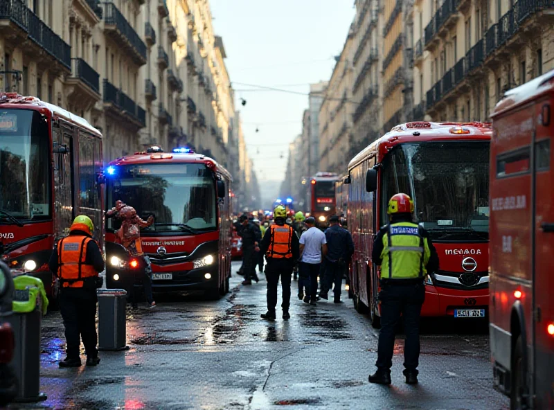Scene of a bus crash in Barcelona, with ambulances, police cars, and fire engines surrounding the damaged vehicles.