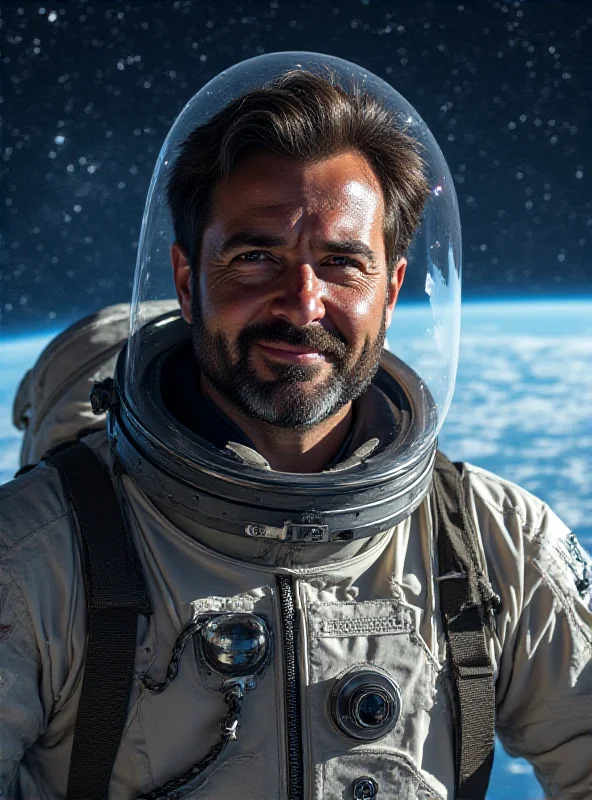 Jesús Calleja wearing a spacesuit and smiling, with a backdrop of stars and the Earth.