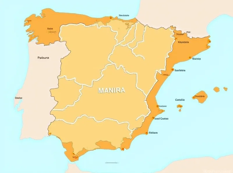 A map of Spain highlighting key cities and regions, with a focus on economic activity and political centers.