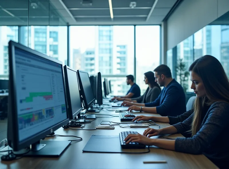 A modern office space with people working on computers, symbolizing the collaboration between the Catalan and Spanish tax agencies.