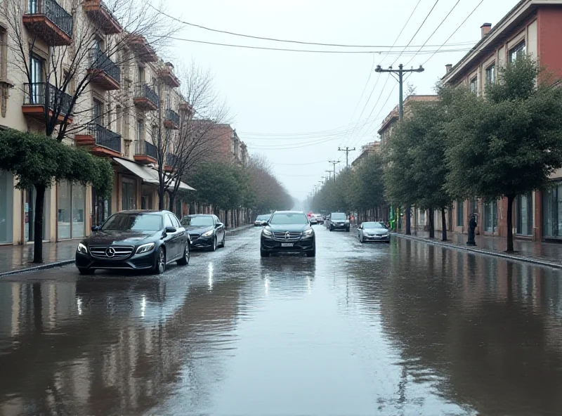 Heavy rainfall in Castellón, Spain, causing flooding in urban areas.