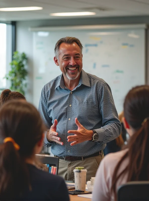 Angel Luis González, a computer engineer and vocational training teacher, smiling warmly while interacting with his students in a classroom setting.