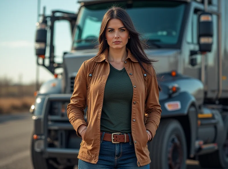 A female truck driver confidently standing next to her large truck, with a determined expression on her face, symbolizing resilience and breaking gender stereotypes in the transportation industry.