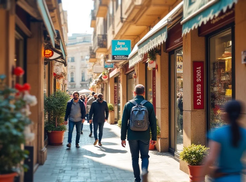 Blurred image of various business storefronts in a bustling Spanish city, showcasing the diversity of businesses operating in the country.
