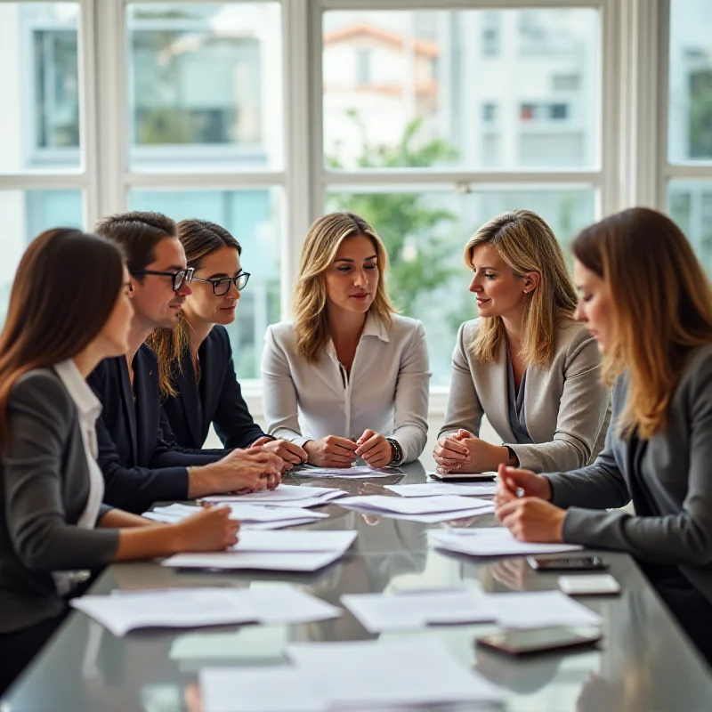 Diverse group of business professionals, both men and women, working collaboratively in a modern office setting, representing the goal of gender equality in the Spanish labor market.