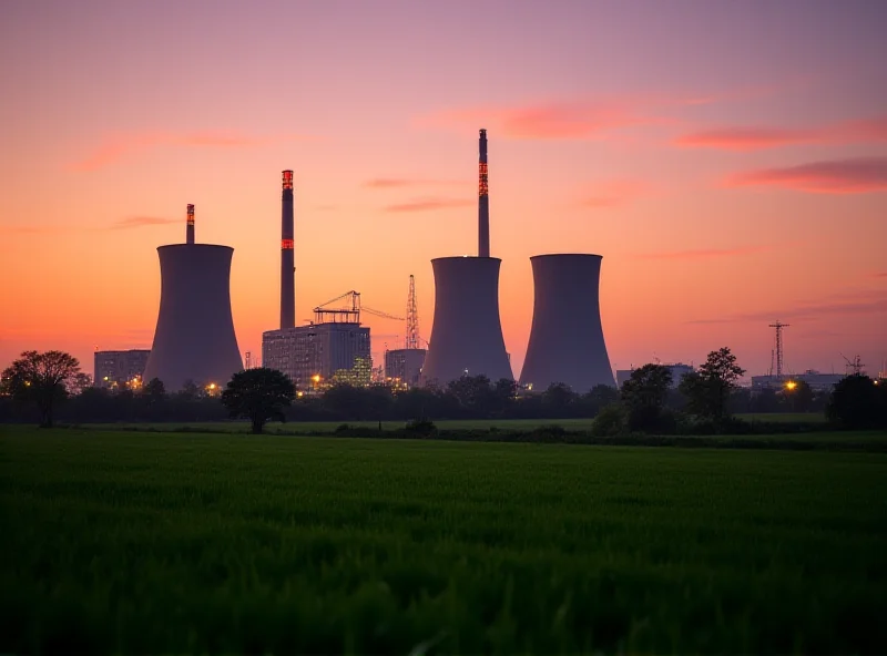A modern nuclear power plant at sunset, surrounded by green fields and trees.