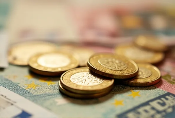 A close up shot of euro coins and banknotes.