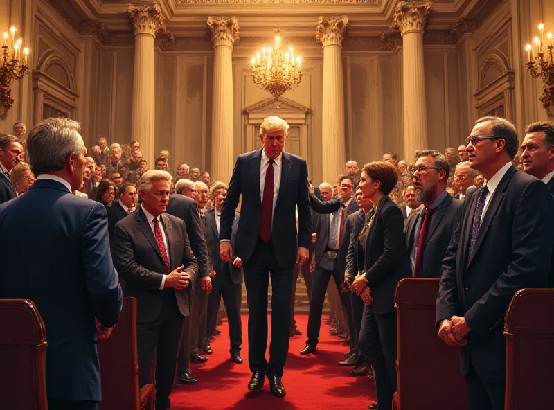 Illustration of a chaotic political meeting with figures walking out in protest.