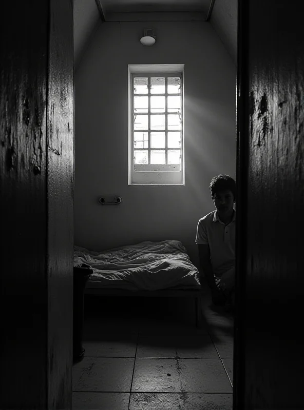 A stark image of a prison cell with a person sitting on the bed.