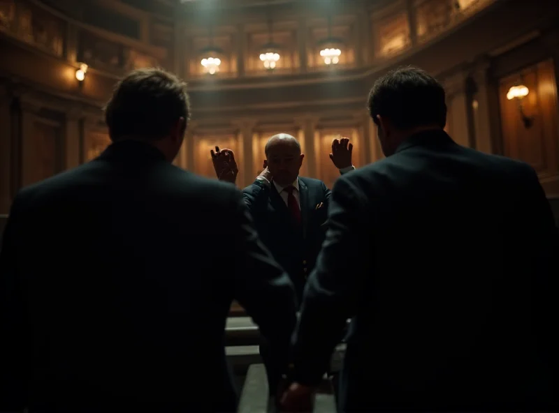 Illustration of shadowy figures whispering in the ears of politicians in a parliament building.