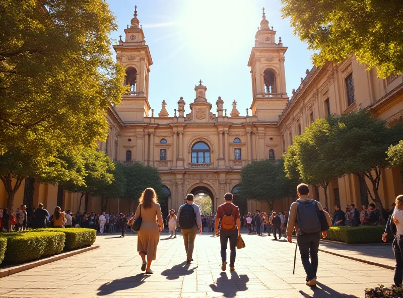 A photo of the Complutense University campus in Madrid, Spain. Students are walking between buildings on a sunny day.