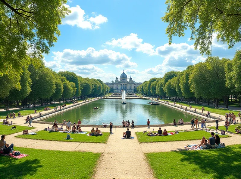 A wide shot of Retiro Park in Madrid, showing families picnicking, people strolling, and a small lake with boats. In the background, the Crystal Palace is visible.