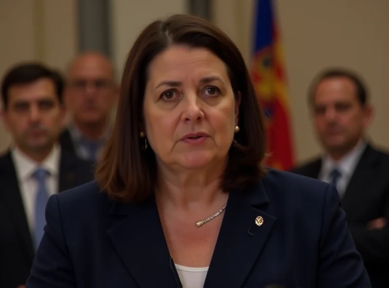 Isabel Díaz Ayuso speaking at a podium with a serious expression.