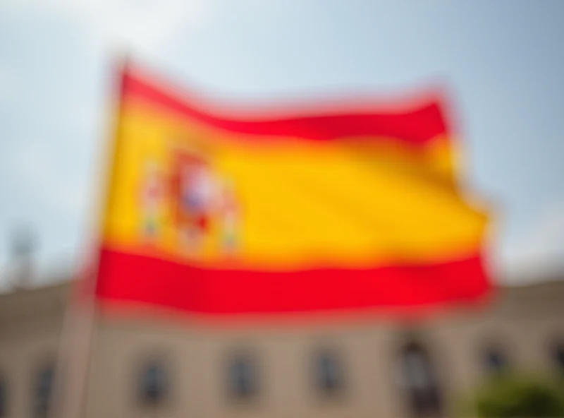 The Spanish flag waving in the wind in front of a government building.