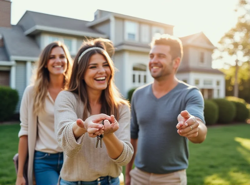 A happy family handing over keys to a young couple in front of a new house