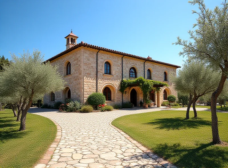 Exterior view of a restored 17th-century Spanish farmhouse with stone walls and a red tile roof
