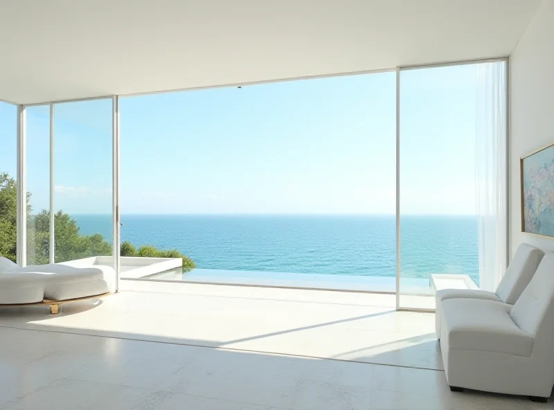 A modern interior of a villa with large windows overlooking the ocean