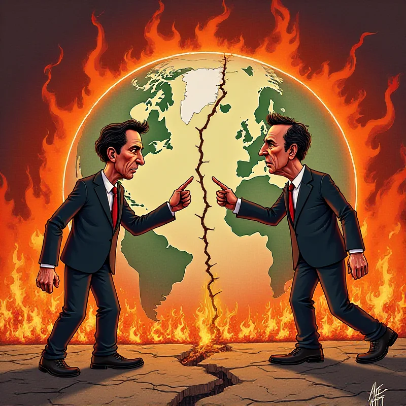 Political cartoon depicting Sánchez and Feijóo arguing while the world burns behind them