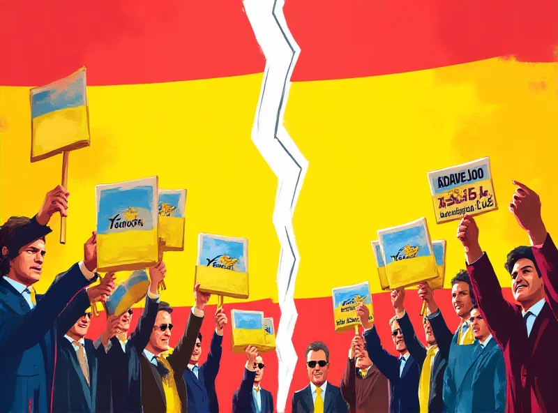 Illustration of divided political parties in Spain over Ukraine, with flags of different parties in the background.