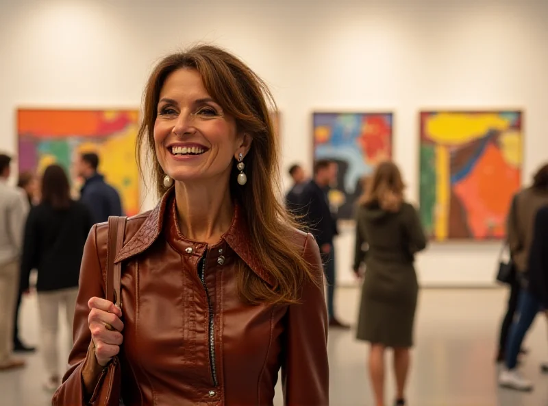 Queen Letizia wearing a Mango leather jacket and holding a vegan leather handbag at the ARCO Contemporary Art Fair in Madrid.